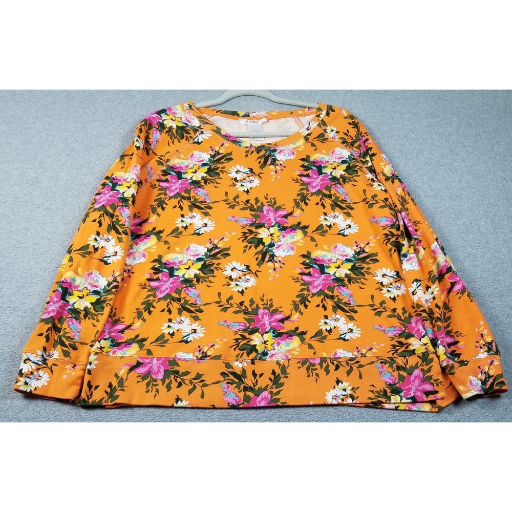 K. Jordan Top Women's Large L Orange Floral Long Sleeve Pullover Stretch Knit